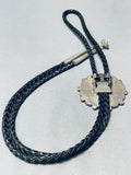 Tom Henry Vintage Native American Navajo Turquoise Pearl Inlay Sterling Silver Bolo Tie