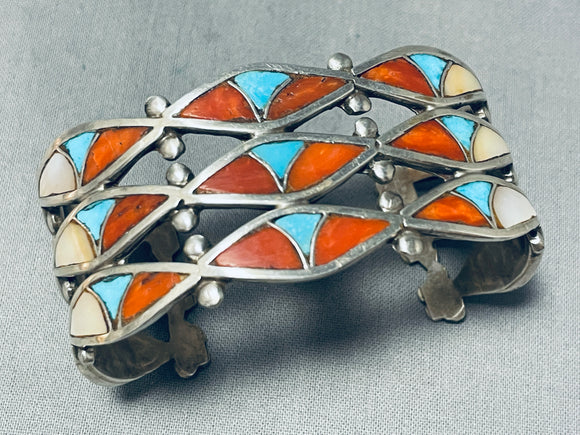 One Of Best Vintage Native American Zuni 6 Inch Wrist Turquoise Inlay Sterling Silver Bracelet-Nativo Arts