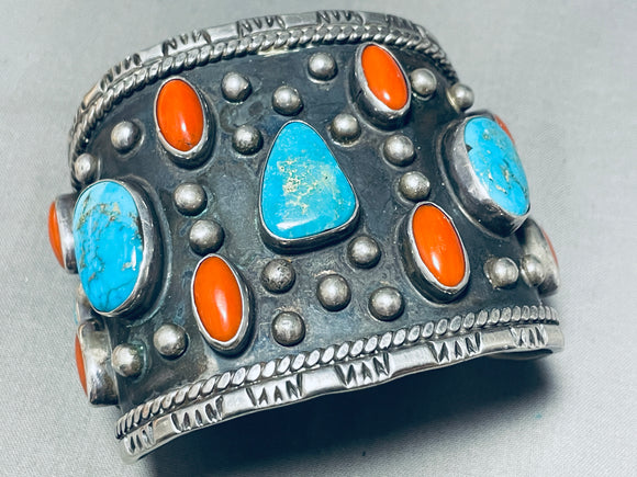 158 Grams!! Vintage Native American Navajo Turquoise Coral Sterling Silver Bracelet-Nativo Arts