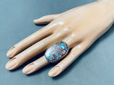 30 Grams Heavy Big Native American Navajo Turquoise Agate Sterling Silver Inlay Ring-Nativo Arts
