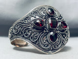 Detailed Vintage Southwest Faux Ruby Sterling Silver Swirl Bracelet