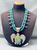 183 Grams Native American Navajo Tortoise Turquoise Sterling Silver Squash Blossom Necklace