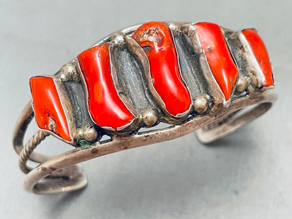 One Of The Best Vintage Native American Navajo Chunky Coral Sterling Silver Bracelet-Nativo Arts
