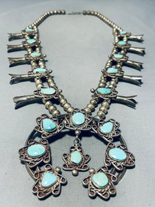 267 Grams!! Vintage Native American Navajo Turquoise Sterling Silver Squash Blossom Necklace-Nativo Arts