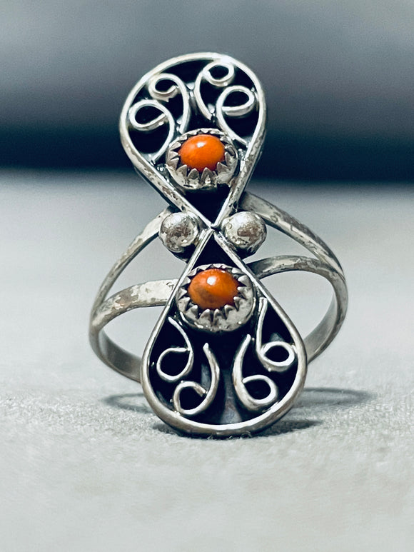 Twirly Cute Vintage Native American Navajo Coral Sterling Silver Ring Old-Nativo Arts