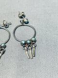 Attractive Vintage Native American Zuni Blue Gem Turquoise Sterling Silver Hoop Earrings-Nativo Arts