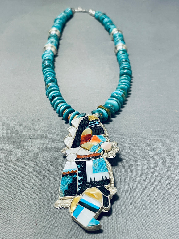 Captivating Vintage Native American Zuni Turquoise Sterling Silver Kachina Necklace Signed-Nativo Arts