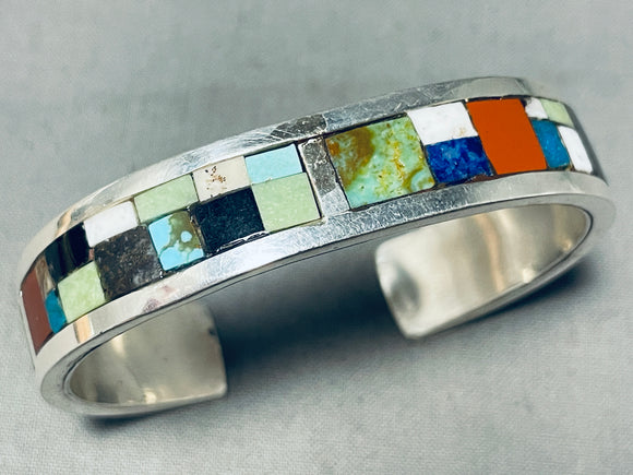 6.5 Inch Wrist Vintage Native American Navajo Signed Inlay Turquoise Coral Lapis Silver Bracelet-Nativo Arts