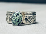 Domed Light Green Spiderweb Turquoise Vintage Native American Navajo Sterling Silver Ring