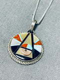Mesmerizing Vintage Signed Native American Zuni Sunface Coral Turquoise Inlay Silver Necklace-Nativo Arts