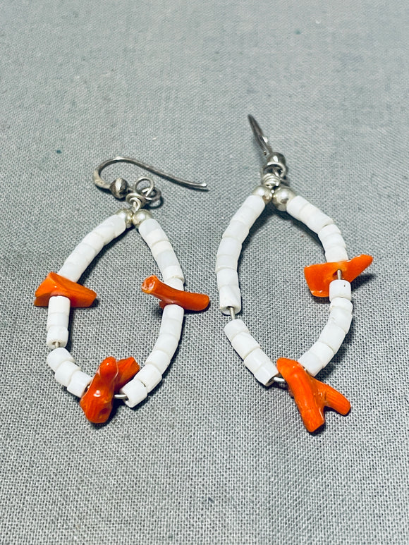 Native American Traditional Vintage Santo Domingo Coral Shell Sterling Silver Earrings-Nativo Arts