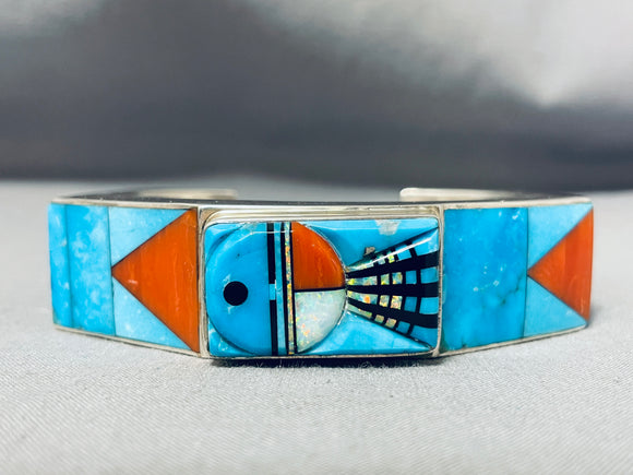 Best 7' Wrist Rare Native American Navajo Turquoise Coral Sterling Silver Inlay Bracelet-Nativo Arts