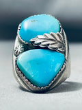 HEAVY TALL VINTAGE NAVAJO TURQUOISE STERLING SILVER LEAF RING