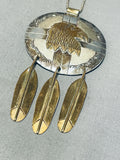 Gigantic 4 Inch Vintage Native American Navajo Sterling Silver Gold Eagle Necklace-Nativo Arts