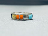 Impressive Vintage Native American Zuni Signed Inlay Turquoise Coral Jet Sterling Silver Ring-Nativo Arts