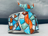 7 Inch Wrist Highly Intricate Kachina Turquoise inlay Sterling Silver Bracelet-Nativo Arts