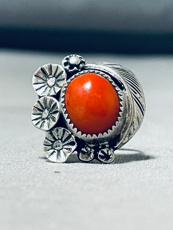 Striking Vintage Native American Navajo Coral Sterling Silver Ring-Nativo Arts