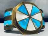 Wagonwheel Inlay!! Vintage Native American Navajo Turquoise Sterling Silver Bracelet-Nativo Arts