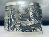 Hand Carved Native American Navajo Scene Wide Sterling Silver Bracelet Cuff-Nativo Arts