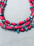 Stunning Native American Navajo Torpedo Coral Turquoise Sterling Silver Necklace-Nativo Arts