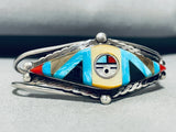 Woah! Vintage Native American Zuni Detailed Inlay Turquoise Sterling Silver Sun Bracelet-Nativo Arts