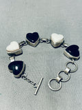 Pretty Vintage Native American Navajo Jet & Shell Sterling Silver Heart Link Bracelet-Nativo Arts