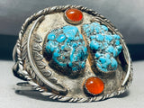 Roy Signed Powerful Vintage Native American Navajo Turquoise Sterling Silver Coral Bracelet-Nativo Arts