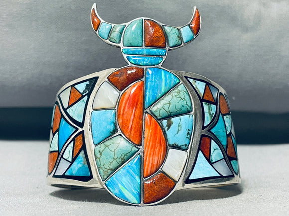 7 Inch Wrist Highly Intricate Kachina Turquoise inlay Sterling Silver Bracelet-Nativo Arts