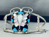 Gorgeous Native American Zuni Signed Inlay Jet Turquoise Coral Silver Butterfly Bracelet-Nativo Arts