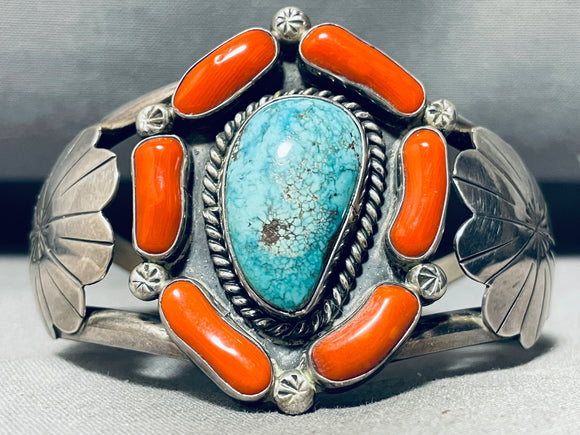 Dropdead Fab Vintage Native American Navajo Turquoise Coral Sterling Silver Bracelet-Nativo Arts