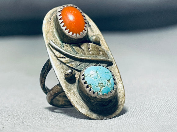 Authentic Vintage Native American Navajo Blue Gem Turquoise Coral Sterling Silver Colossal Ring-Nativo Arts