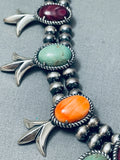 Native American Womens Green Turquoise Vintage Sterling Silver Squash Blossom Necklace