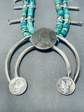 191 Grams Native American Navajo Sterling Silver Coin Turquoise Squash Blossom Necklace-Nativo Arts