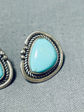Native American Brilliant Zuni Signed Blue Gem Turquoise Sterling Silver Earrings-Nativo Arts