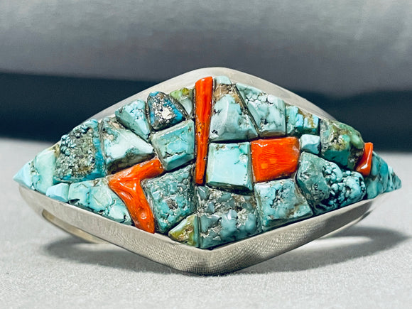 Stunning Signed Native American Navajo Turquoise Coral Inlay Sterling Silver Bracelet-Nativo Arts