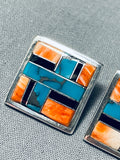 Very Intricate Vintage Native American Navajo Turquoise Shell Sterling Silver Inlay Earrings-Nativo Arts