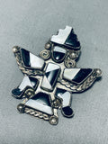Traditional Vintage Native American Zuni Jet Mother Of Pearl Sterling Silver Knifewing Pin-Nativo Arts