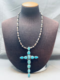 One Of The Biggest Vintage Native American Navajo Turquoise Sterling Silver Cross Necklace-Nativo Arts