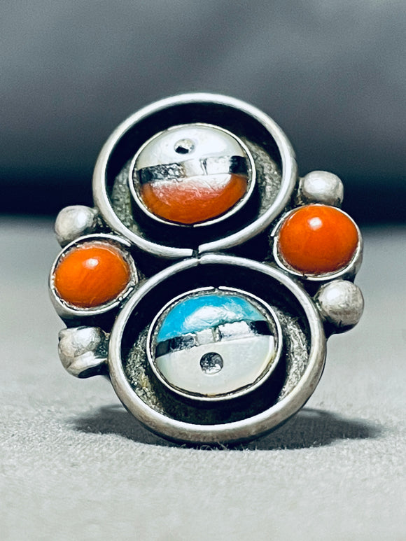 Important Vintage Native American Zuni Blue Gem Turquoise Coral Sterling Silver Sunface Ring-Nativo Arts