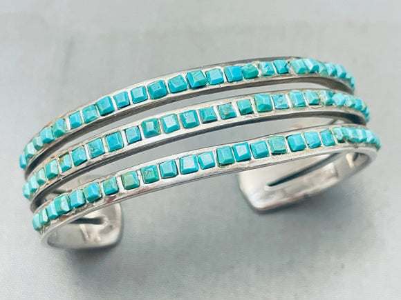 One Of The Best Vintage Zuni Turquoise Square Sterling Silver Bracelet Cuff-Nativo Arts