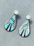 Detailed Vintage Navojo Opal Turquoise Inlay Sterling Silver Earrings-Nativo Arts