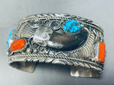 8 Inch Wrist Incredible Native American Navajo Turquoise Coral Sterling Silver Bear Bracelet-Nativo Arts