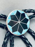 Native American Super Intricate Vintage Navajo Turquoise Jet Sterling Silver Inlay Bolo Tie-Nativo Arts