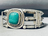 Ornate Vintage Signed Native American Navajo Green Kingman Turquoise Sterling Silver Bracelet-Nativo Arts