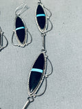Inlaid Jet Turquoise Vintage Native American Navajo Sterling Silver Pendant Necklace Set