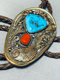 Justin Morris Vintage Native American Navajo Morenci Turquoise Gold Filled Bolo Tie-Nativo Arts