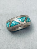 Very Old Vintage Native American Navajo Turquoise Inlay Sterling Silver Ring Sz 7-Nativo Arts