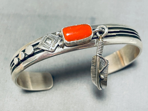 Signed Native American Navajo Coral Sterling Silver Bracelet-Nativo Arts