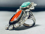 Best Vintage Native American Navajo Pilot Mountain Turquoise Coral Sterling Silver Ring-Nativo Arts