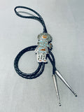 Larger Vintage Native American Navajo Turquoise Coral Inlay Kachina Sterling Silver Bolo Tie-Nativo Arts